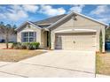 Tan house with gray roof, landscaping, and two-car garage at 2860 Ne 42Nd Rd, Ocala, FL 34470