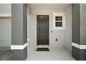 Modern front door with a welcome mat and gray columns at 5427 Dragonfly Dr, Wildwood, FL 34785
