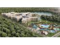 Aerial view of a resort community featuring a waterpark, pool, lake, and many residential buildings at 14501 Grove Resort Ave # 1407, Winter Garden, FL 34787