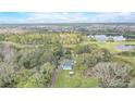 An aerial view of the cozy home and surrounding serene landscape featuring a lake and lush greenery at 2432 4Th St, Orlando, FL 32820