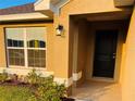 Front entrance with black door and lantern light fixtures at 4464 Sagefield Dr, Harmony, FL 34773