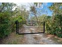 Property entrance featuring black metal gate surrounded by dense trees and foliage for seclusion at 632 Tildenville School Rd, Winter Garden, FL 34787