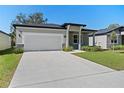 Modern one-story house with a white garage door and neatly landscaped yard at 2896 Lingo Ln, Orlando, FL 32822