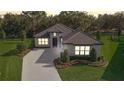 Aerial view of a well-maintained home, with a stone driveway, verdant lawn and mature trees at 25974 High Hampton Cir, Sorrento, FL 32776
