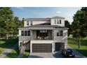 Back exterior featuring a second-story balcony, two-car garage, and staircase leading to the entrance at 572 Sanctuary Golf Pl, Apopka, FL 32712