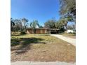 Single story home with a light-colored exterior, driveway, dead yard, and a palm tree at 4384 Frances Ave, Sanford, FL 32773