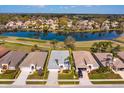 Aerial view of property outlining house, showcasing nearby lake, golf course and neighborhood at 8011 Saint James Way, Mount Dora, FL 32757