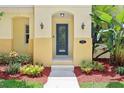 Close up of the home's entrance with manicured plants and a pathway leading to the front door at 3350 Pegaso Ave, New Smyrna Beach, FL 32168