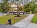 Wide-angle view of the residence with mature trees, a long driveway, and lush green landscaping at 1113 Black Acre Trl, Winter Springs, FL 32708