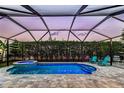 Inviting screened-in pool area with a shimmering blue pool, spa, and lounging chairs, surrounded by lush greenery at 6148 Gracie Pl, Lakeland, FL 33812