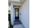 A black front door framed by white brick walls and green landscaping provides an inviting entrance at 645 Astera Winds Ln, Lake Mary, FL 32746