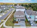 Overhead view of a two-story gray home in a suburban neighborhood with manicured lawns and tree-lined streets at 178 Marcello Blvd, Kissimmee, FL 34746
