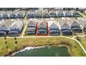 Aerial view of a property with a screened pool, situated near a pond, showcasing backyard and neighborhood at 299 Marcello Blvd, Kissimmee, FL 34746