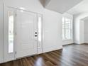 Bright foyer with a modern front door with sidelights and beautiful wood-look floors at 10012 Silver Bluff Dr, Leesburg, FL 34788