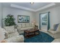 Cozy living room featuring a tray ceiling, plush seating, and a teal accent rug at 619 Meadow Sage Dr, Deland, FL 32724