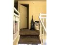 Carpeted staircase with white railing leading to a landing with a door at 4944 Sanoma Vlg # D, Orlando, FL 32808