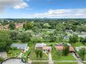 An aerial view of a neighborhood with tree-lined streets shows houses with well-maintained lawns and a distant city skyline at 23 Judith Ln, Orlando, FL 32811