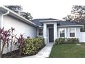 Inviting front entrance with a walkway, complemented by lush landscaping and a modern design at 207 Valencia Rd, Debary, FL 32713