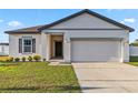 A single-Gathering home with a well-manicured lawn, a driveway leading to a two-car garage and modern finishes at 16390 Blooming Cherry Dr, Groveland, FL 34736
