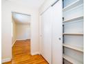 Bright hallway with hardwood floors, white trim, closet and shelves at 2394 Orange Center Blvd, Orlando, FL 32805