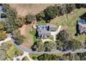 Aerial view of a lovely home with a screened-in pool, mature landscaping and a circular driveway at 5150 Banana Point Dr, Okahumpka, FL 34762