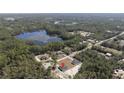 Overhead view of a neighborhood with houses and lake surrounded by dense woodlands in the distance at 41975 Aspen St, Eustis, FL 32736