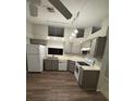 Functional kitchen featuring gray cabinets, stainless steel appliances, and vinyl flooring at 7277 Pebble Pass Loop Loop, Lakeland, FL 33810