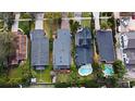 Overhead image of a neighborhood featuring well-maintained homes, private pools, and mature landscaping at 1611 Chestnut Ave, Winter Park, FL 32789