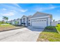 Wide view of the front of a single-story home with an attached garage and a well-manicured lawn at 1409 Golf Course Pkwy, Davenport, FL 33837