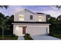 New construction home with a gray exterior, well-manicured lawn and attached garage at 5587 Maddie Dr, Haines City, FL 33844