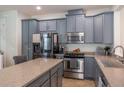 Kitchen showcasing gray cabinetry, stainless steel appliances, and a spacious island with granite countertops at 9575 Silver Buttonwood St, Orlando, FL 32832