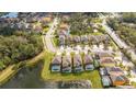 Aerial view of suburban homes, several with pools, backing up to a pond and green space at 2613 Santosh Cv, Kissimmee, FL 34746