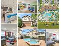 Real estate collage: Kitchen, bunk bedroom, community pools, home exterior, living room, pool, and bedroom at 9026 Rhodes St, Kissimmee, FL 34747