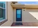 Close-up of the front door with a storm door and brick walkway at 114 Tuscany Villas Dr, Edgewater, FL 32141