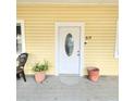 Inviting front door with decorative glass, potted plants, and house number visible at 615 S Laurel Ave, Sanford, FL 32771