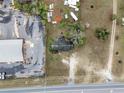 This aerial view captures the property's proximity to commercial services, highlighting lot size and tree coverage at 29650 State Road 19, Tavares, FL 32778