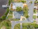 Aerial view of waterfront home featuring lush lawn and manicured landscaping near the water at 716 Palm Circle Dr, Port Orange, FL 32127