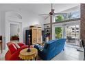 Cozy living room with a ceiling fan, sliding glass doors to the patio at 10809 Oak Glen Cir, Orlando, FL 32817