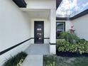 A front view of a modern home entrance featuring a black front door and detailed landscaping at 345 Gardenia Ct, Kissimmee, FL 34759