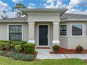 Close-up view of the front entrance with a decorative door, manicured landscaping, and a welcoming atmosphere at 1385 Evergreen Park Cir, Lakeland, FL 33813