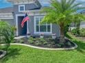 Beautifully landscaped front yard featuring a palm tree, flowerbeds, and lush green grass at 585 Mosaic Blvd, Daytona Beach, FL 32124