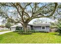 Attractive single-level home with a gray facade, lush front yard, and mature tree providing shade at 112 E Cumberland Cir, Longwood, FL 32779