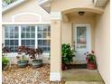 Inviting home entrance with decorative plants, window and a glass front door at 15848 Autumn Glen Ave, Clermont, FL 34714