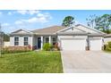 Charming single-story home featuring a three-car garage, well-manicured lawn, and a welcoming blue front door at 210 Cypress Trail Dr, Ormond Beach, FL 32174