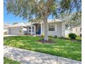 Beautiful single-story home featuring lush green lawn, landscape and charming blue front door at 15320 Grand Haven Dr, Clermont, FL 34714