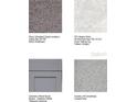 Collage of building materials including Shaw carpet, Boston Perla tile, Chatham Pebble shaker cabinets, and Coastal Perla granite at 7821 Waterscape Dr, Groveland, FL 34736