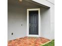 A welcoming dark front door, framed by white trim, with brick tiling and a colorful welcome mat at 3237 Palatka St, Orlando, FL 32824