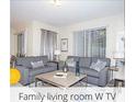 Cozy living room with modern sofas, stylish decor, and plenty of natural light at 218 Ocean Course Ave, Davenport, FL 33896