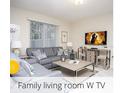 Comfortable living room featuring plush seating, contemporary decor, and a mounted TV at 218 Ocean Course Ave, Davenport, FL 33896
