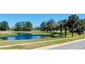 Scenic view of the golf course featuring a pond and lush greenery, with palm trees enhancing the landscape at 442 Flora Creek Ct, Lake Mary, FL 32746